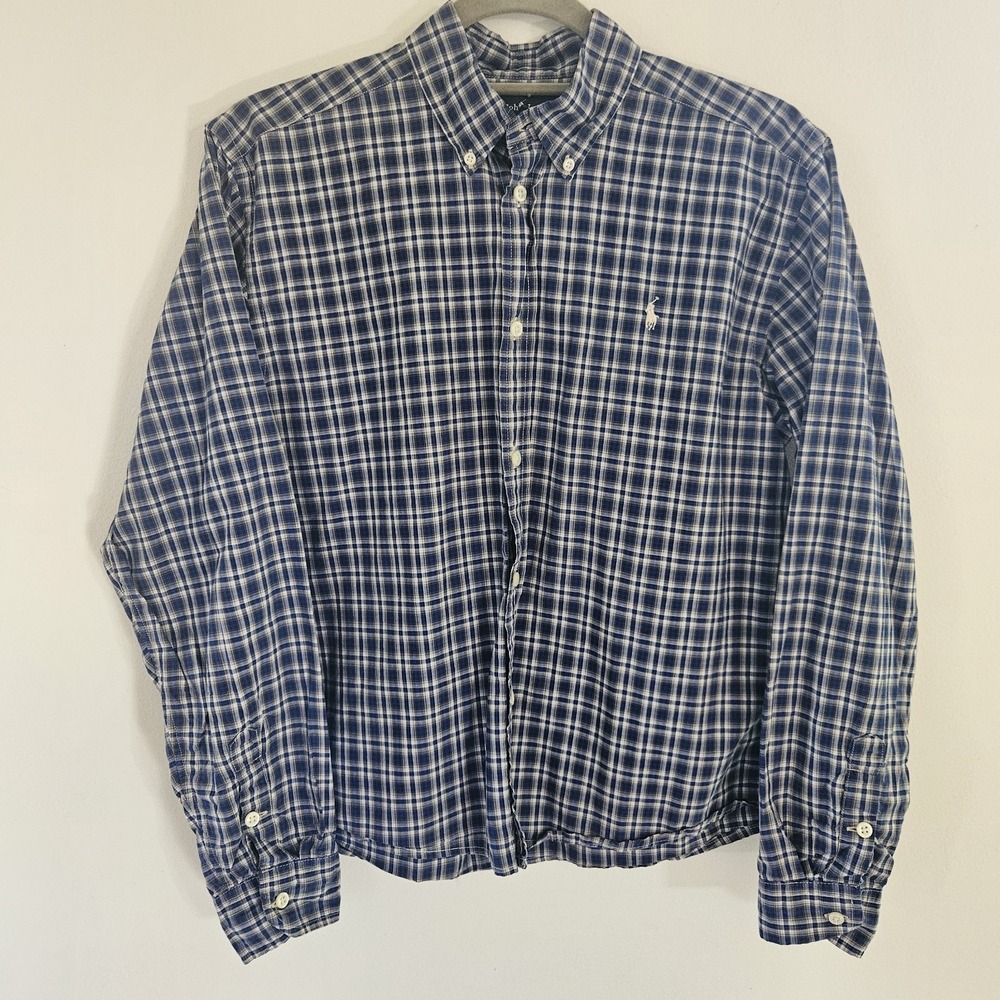 Ralph Lauren Button Down Shirt Boys XL 18-20 Multicolor Cotton Plaid Blue White‎
